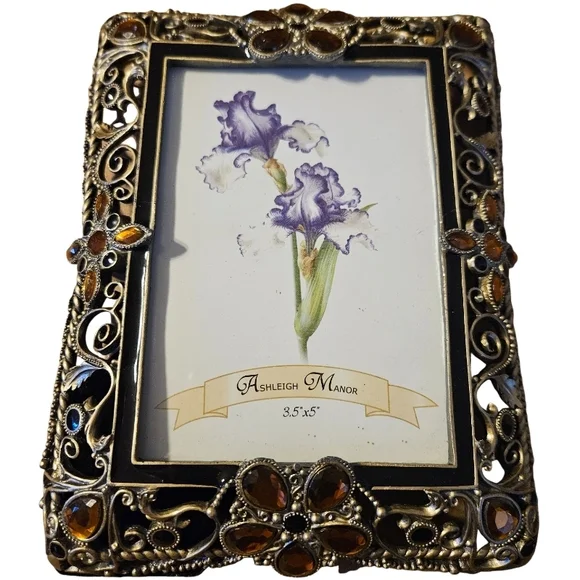 🦉Ashleigh Manor jeweled picture frame in black enamel with amber & blue crystal - Picture 2 of 8